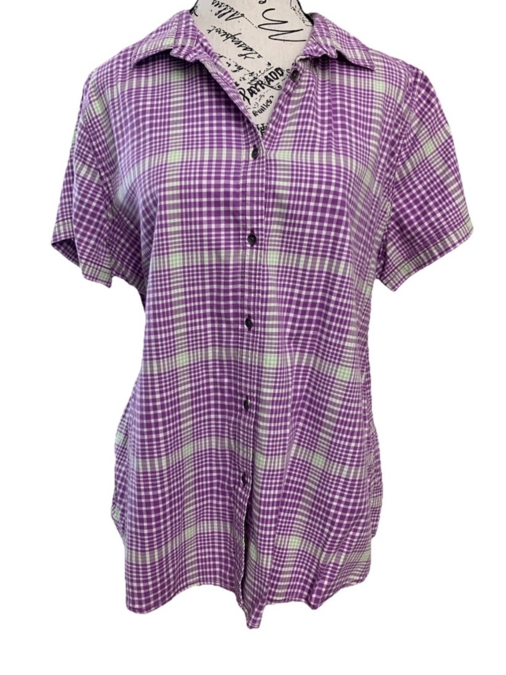 Vintage Y2K Woolrich Short Sleeve Button-Up Purple and Green Plaid Shirt Sz XL